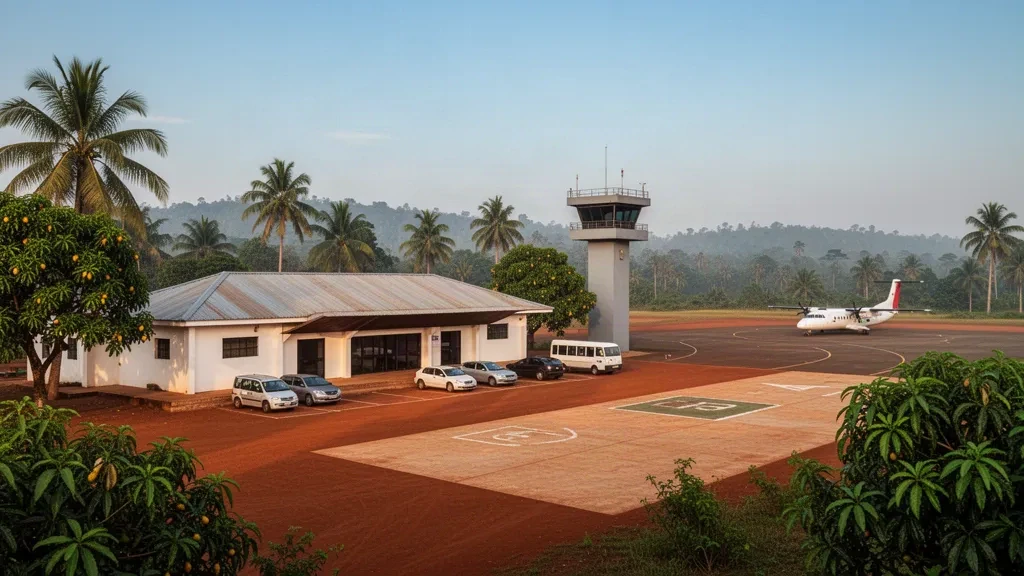 Tropical low-rise terminal and palm-lined forecourt at Abengourou Airport in Côte d'Ivoire under warm late-afternoon light