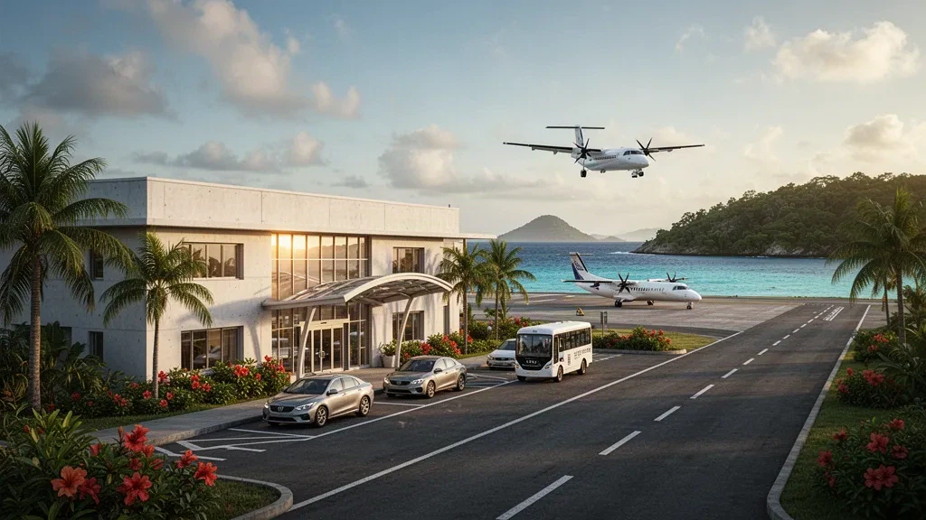 Terminal dell'aeroporto di Yonaguni su un'isola subtropicale giapponese, con un aereo a turboelica, palme e il mare turchese oltre la pista.