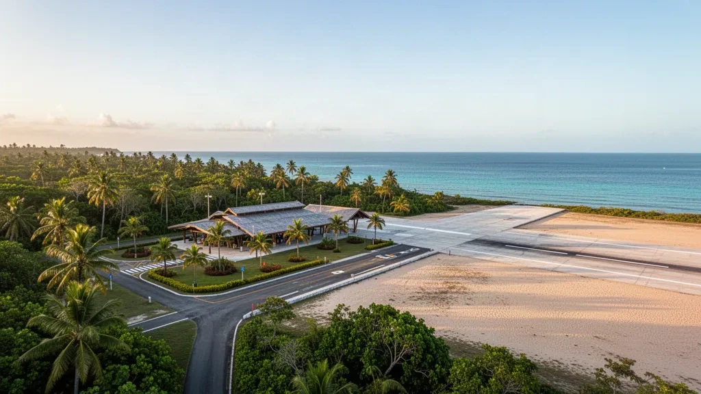 Piste d'atterrissage de l'aéroport d'Ogobsucum à Guna Yala, Panama, bordée de palmiers tropicaux et du littoral caribéen sous une lumière claire.