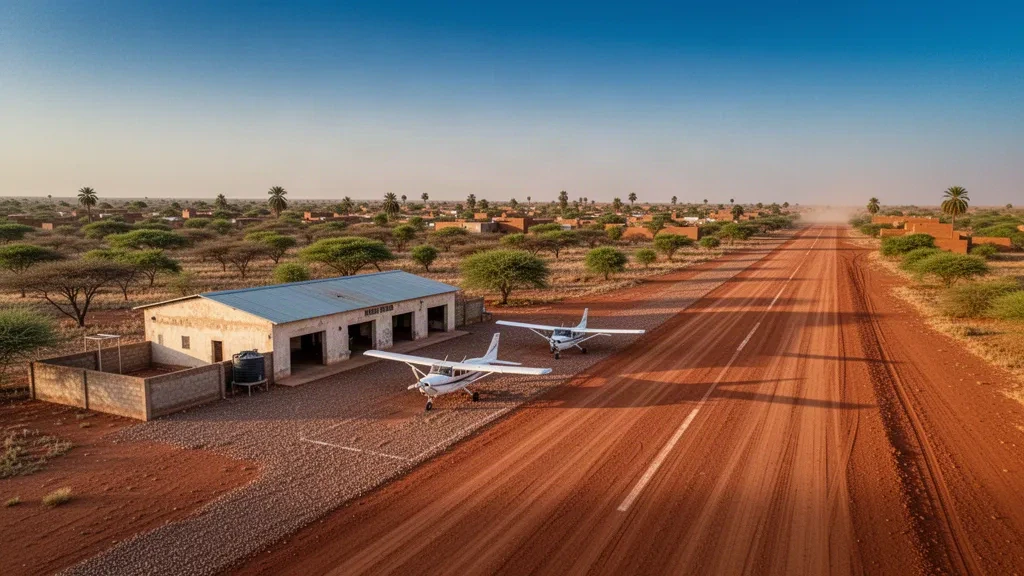 Kleiner regionaler Landeplatz in Bongor, Tschad, mit staubiger Laterit-Startbahn, abgestellten Leichtflugzeugen und niedrigen Terminalgebäuden in warmem goldenem Licht.
