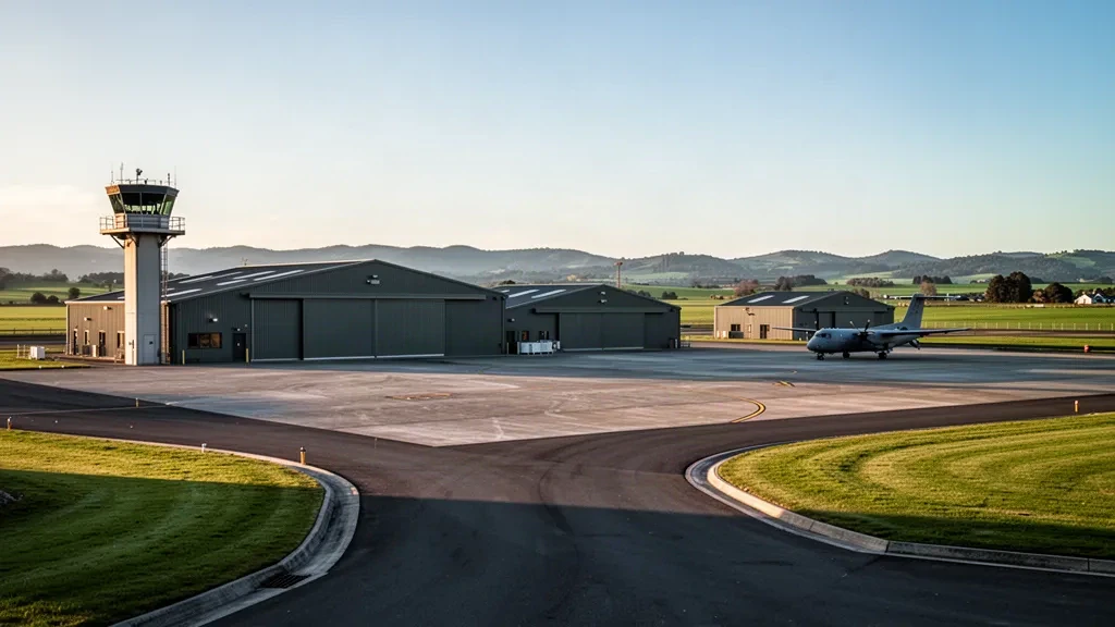 RNZAF Base Ohakea airfield apron and hangars with the control tower on the Manawatū plains at golden hour