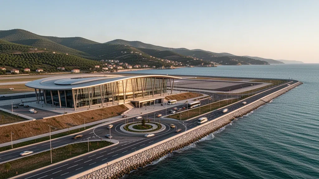 Moderna terminal de cristal del aeropuerto de Ordu-Giresun en la costa turca del mar Negro, con su pista extendiéndose junto al agua y colinas verdes al fondo.