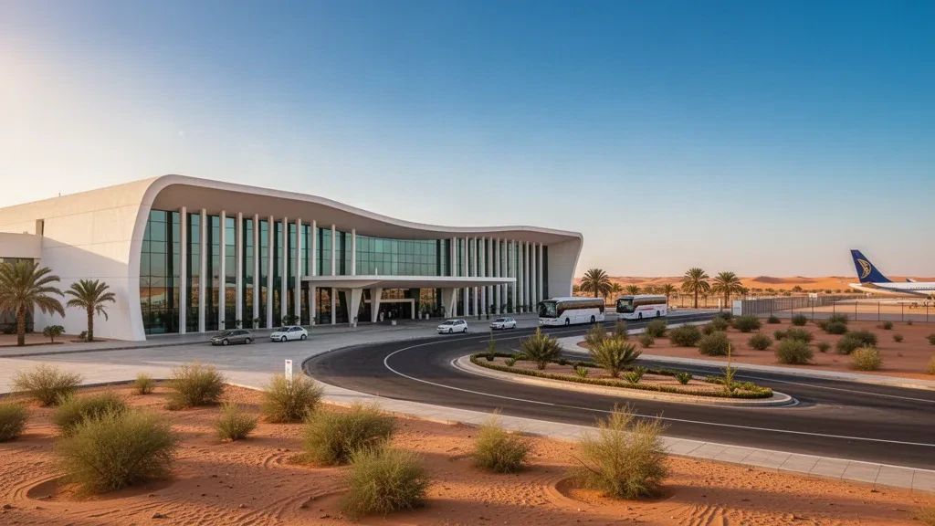 Modern glass terminal exterior at Ain Beida Airport near Ouargla, Algeria, under a clear desert sky