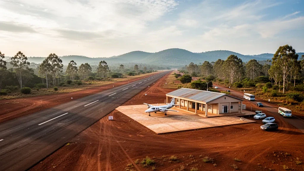 Kleiner ländlicher Flugplatz am Flughafen Ambohibary im Hochland von Madagaskar, mit schmaler Start- und Landebahn, abgestellten Leichtflugzeugen und bescheidenem Terminal im goldenen Licht