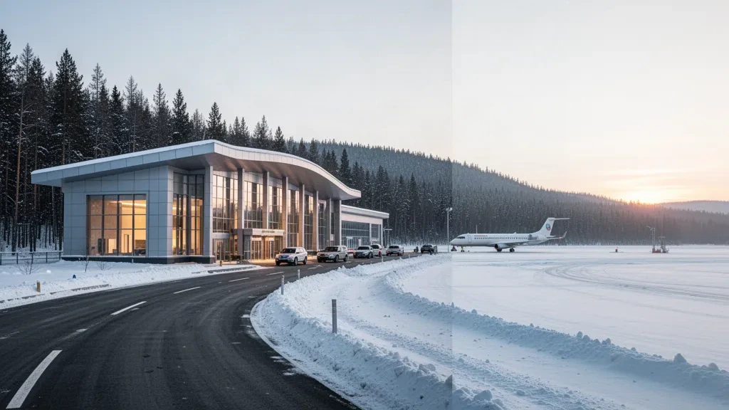 Çin'in Heilongjiang kentindeki Mohe Gulian Havalimanı'nda gün doğumunda kuzey tayga ormanıyla çevrili karla kaplı apron ve modern cam terminal