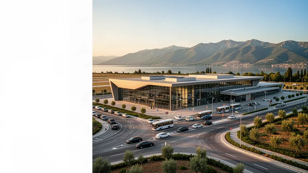 Moderno terminal in vetro dell'Aeroporto Ohrid San Paolo Apostolo in Macedonia del Nord, con strade di accesso e montagne durante l'ora d'oro.