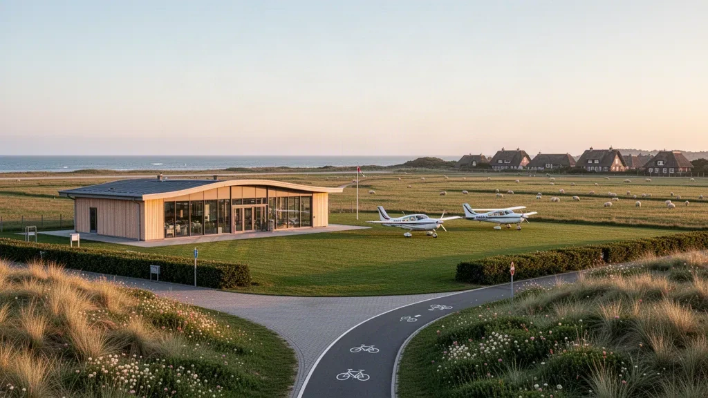 Aire de stationnement enherbée et terminal moderne à l'aéroport de Wyk auf Föhr avec de petits avions à hélice et la côte de Frise du Nord en arrière-plan