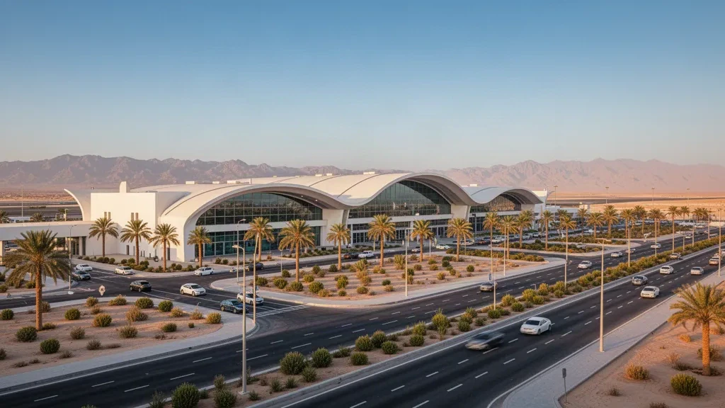 Terminal y zona de descenso del Aeropuerto Internacional de Sohar en Omán a la hora dorada, con arquitectura moderna y vías de acceso.