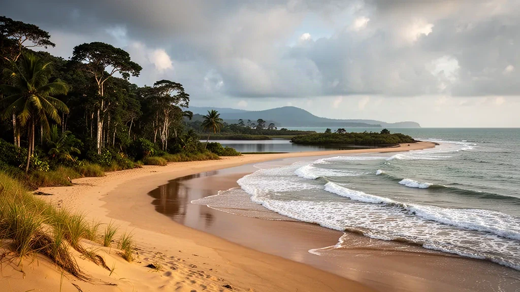 Playa dorada del Atlántico que se encuentra con la densa selva ecuatorial en el Parque Nacional Loango, Gabón, bajo la cálida luz del final de la tarde