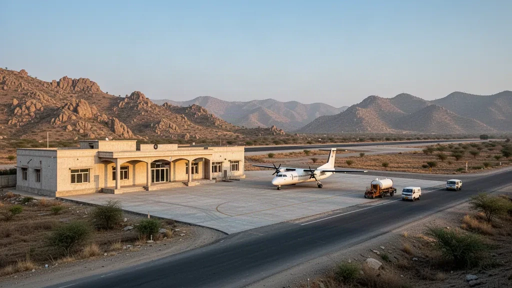 Pakistan'ın Hayber Pahtunhva bölgesindeki Kohat Havaalanı'nda alçak terminal binası, apron ve park halindeki turboprop uçağın sıcak öğleden sonra ışığındaki geniş görünümü.