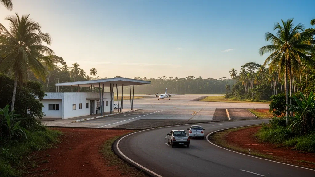 Pequeña terminal tropical y plataforma en el Aeropuerto de Ourilândia do Norte en Pará, Brasil, rodeada por la selva amazónica bajo una cálida luz de tarde