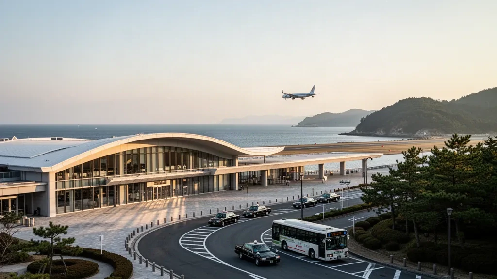 Terminal moderne en bord de mer de l'aéroport d'Oita à Kunisaki, au Japon, avec des façades vitrées et une piste côtière au bord de la mer à l'heure dorée