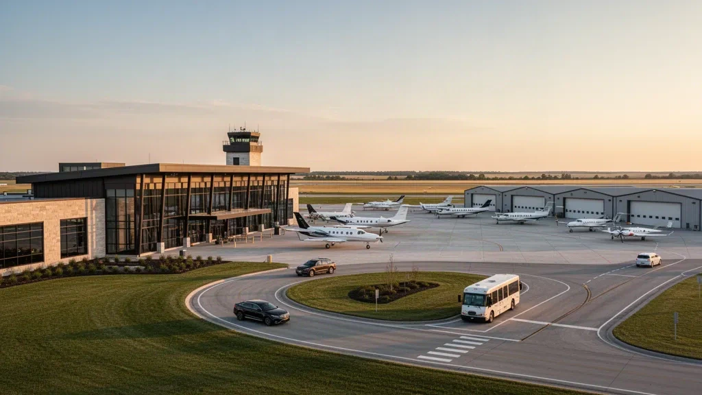 Terminal moderna, hangares y aeronaves de negocios en la plataforma del Aeropuerto Ejecutivo del Condado de Johnson en Olathe, Kansas, a la hora dorada