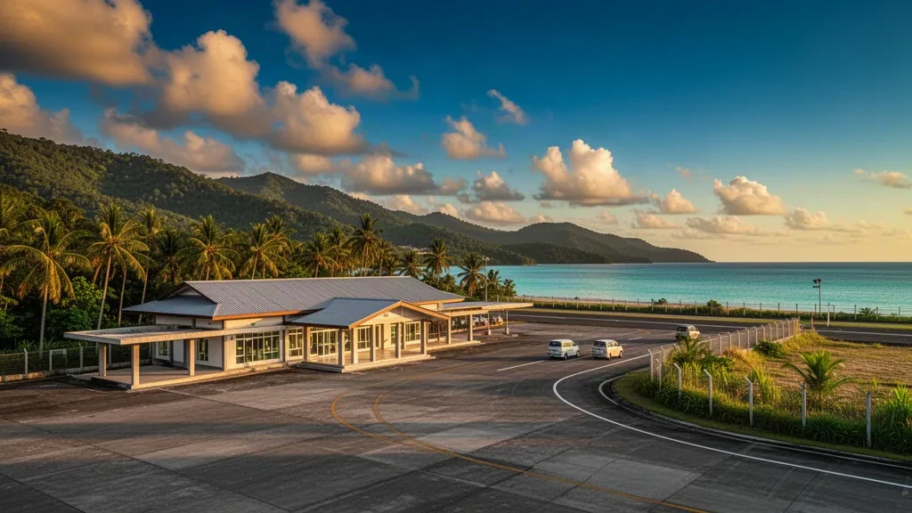 Terminal de l'aéroport de Tanjung Api et piste côtière à Ampana, Sulawesi central, à l'heure dorée avec des collines tropicales en arrière-plan