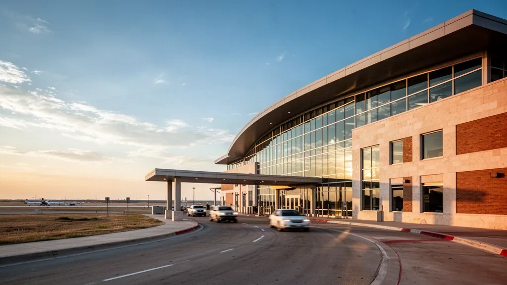 Modern glass terminal and curbside drop-off lanes at Will Rogers World Airport in Oklahoma City at golden hour