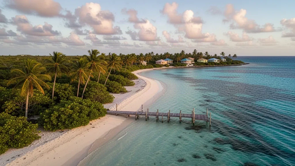 Vue aérienne d'une eau turquoise et d'une plage de sable corallien bordée de palmiers à Little Cayman, îles Caïmans, à l'heure dorée