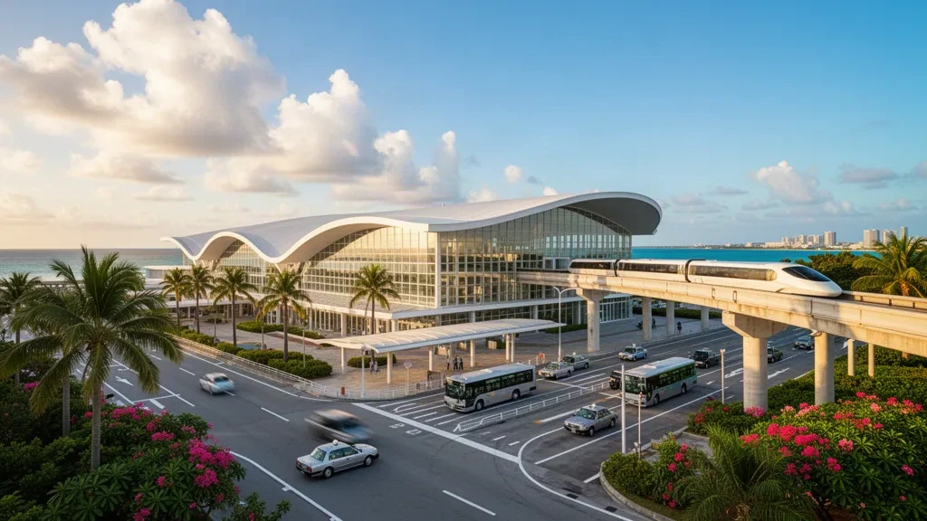 Okinawa'daki Naha Havalimanı'nda sıcak altın saat ışığı altında modern cam terminal ve palmiye ağaçlarıyla çevrili indirme şeritleri