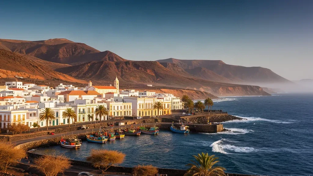 Cape Verde, Tarrafal de São Nicolau'nun altın saatlerde limanı, balıkçı tekneleri, sömürge dönemi sahil binaları ve volkanik dağlarıyla görünümü.
