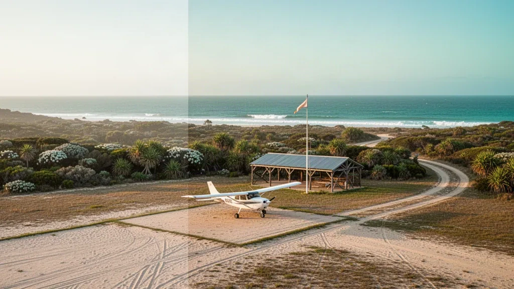 Avioneta ligera estacionada junto a la pista de arena del aeropuerto de Orchid Beach en K'gari, Queensland, con matorral costero y el océano en la hora dorada.