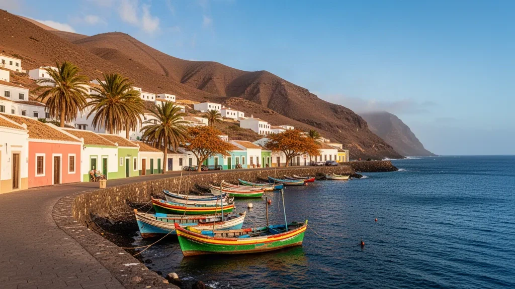 Cape Verde, Tarrafal de São Nicolau koyunda sıcak öğleden sonra ışığında balıkçı tekneleri ve pastel renkli sömürge evleri