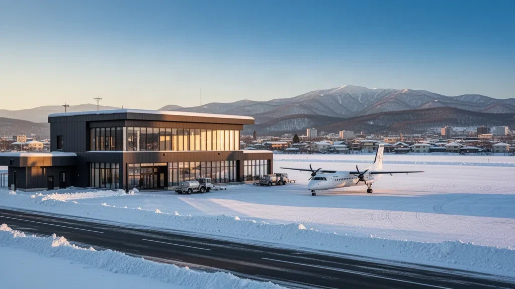 Terminal moderne de l'aéroport de Sapporo Okadama en hiver, avec un tarmac déneigé, un avion à turbopropulseur et des collines enneigées en arrière-plan