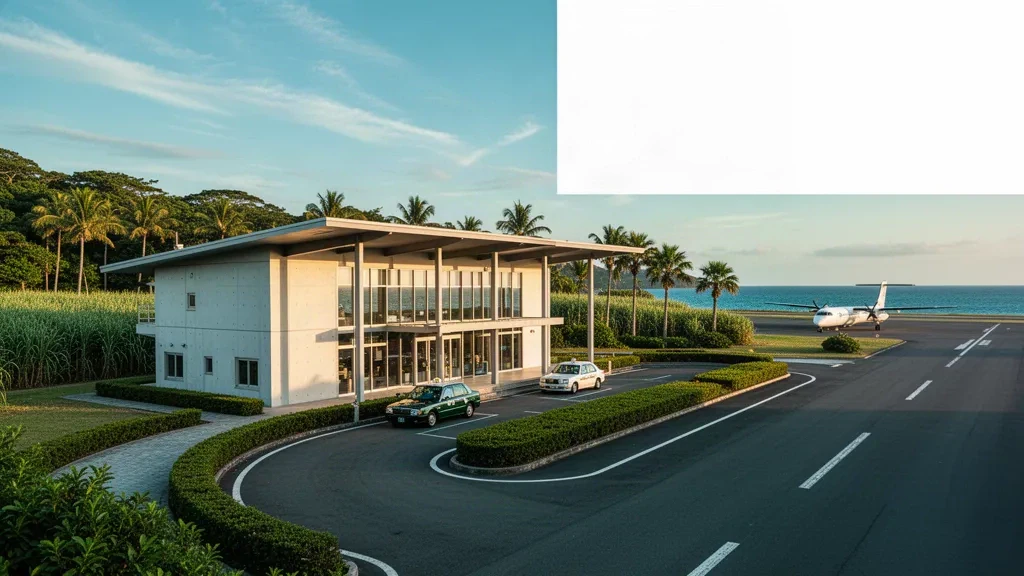 Flaches Glas-Terminal des Flughafens Okinoerabu auf den Amami-Inseln, Japan, mit Palmen, einer Vorfahrtsstraße und dem Meer dahinter zur goldenen Stunde