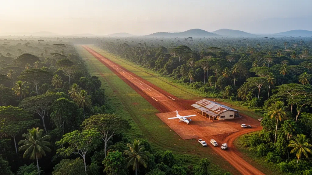 Luftaufnahme der Start- und Landebahn aus rotem Erdreich und des kleinen Terminals des Flughafens Okoyo, umgeben von dichtem kongolesischem Regenwald