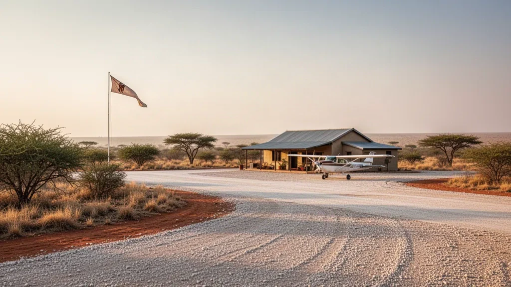 Piste en gravier à l'aéroport d'Okaukuejo dans le parc national d'Etosha, en Namibie, entourée de savane sèche à l'heure dorée