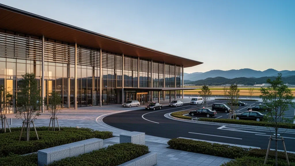 Glass terminal facade and curved drop-off lanes at Okayama Momotaro Airport, framed by green hills in warm golden-hour light