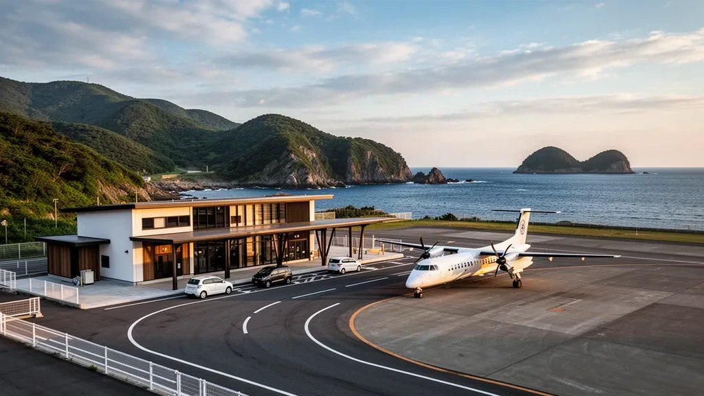 Moderno terminal dell'aeroporto di Oki sull'isola di Dogo con il Mar del Giappone e le verdi colline del Geoparco Globale di Oki sullo sfondo
