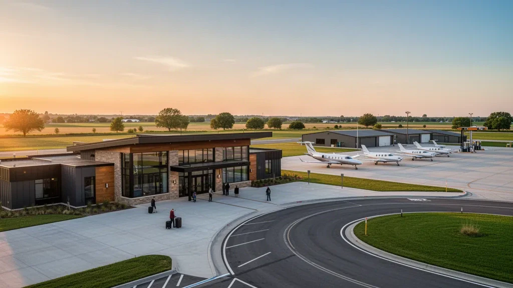 Kokomo Municipal Airport terminal and apron with small aircraft under clear Indiana skies and warm afternoon light.