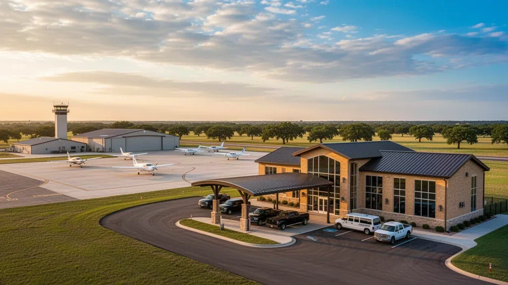 Ansicht eines kleinen Regionalflughafenterminals in Oklahoma zur goldenen Stunde, Vorfahrtüberdachung, Flugzeuge auf dem Vorfeld und Hangars unter weitem Präriehimmel.