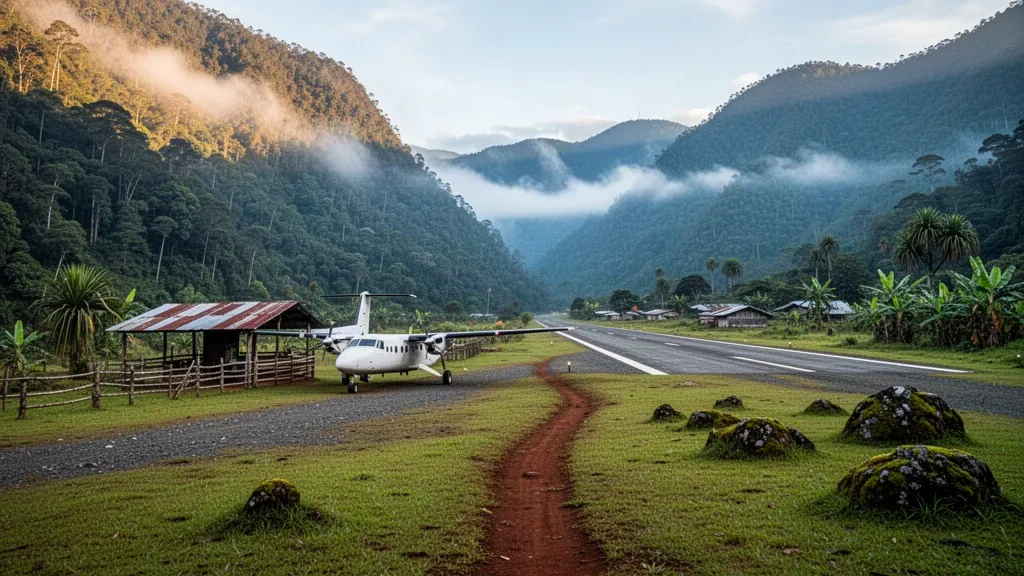 Pista di atterraggio erbosa in un altopiano remoto con un piccolo aereo bimotore all'aeroporto di Oksapmin, tra le montagne della Papua Nuova Guinea