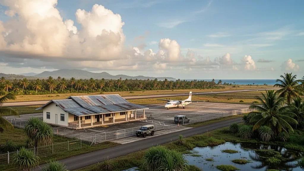 Petit terminal tropical et aire de trafic à l'aéroport d'Okaba en Papouasie, Indonésie, avec un avion de liaison sous une lumière équatoriale chaude.