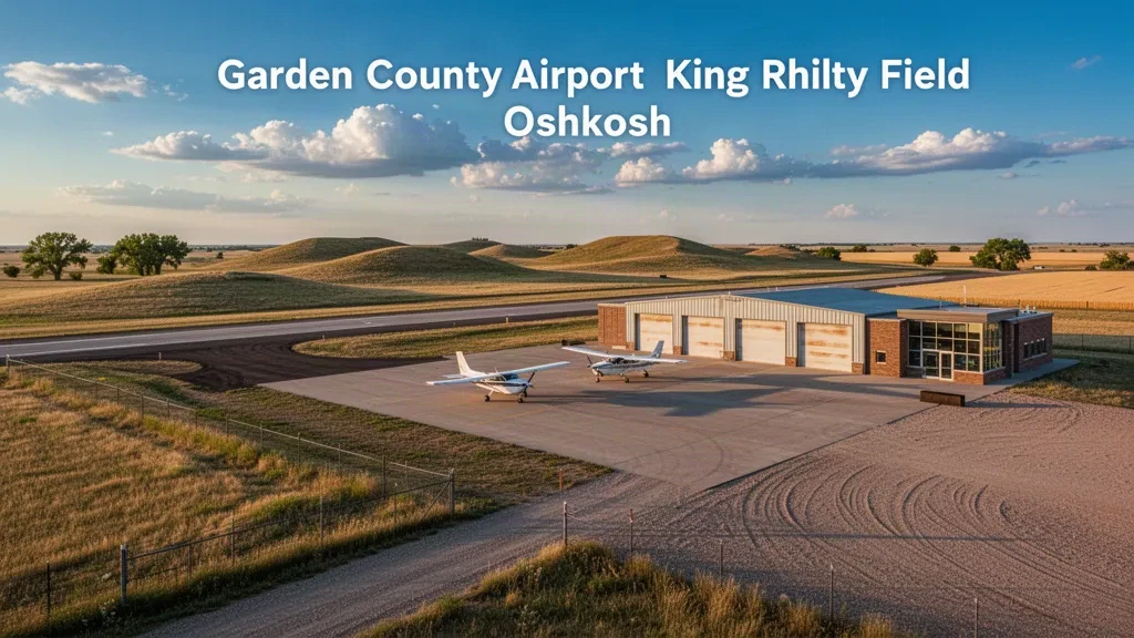 Plataforma de aeródromo rural, hangares y pista en King Rhiley Field del Aeropuerto del Condado de Garden cerca de Oshkosh, Nebraska, bajo un amplio cielo de pradera