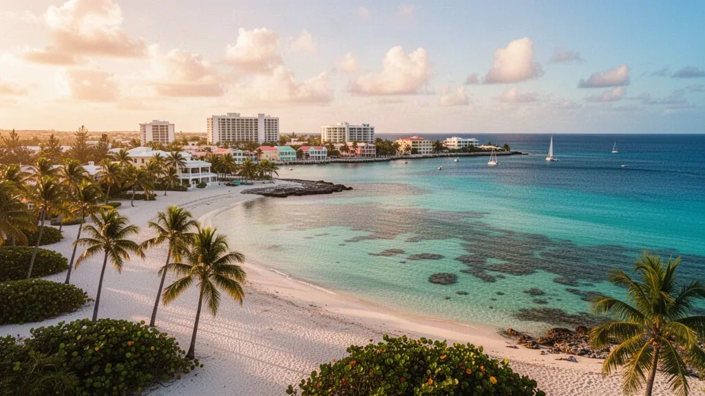 Acque turchesi dei Caraibi e sabbia bianca orlata di palme a Seven Mile Beach a Grand Cayman, Isole Cayman, all'ora d'oro