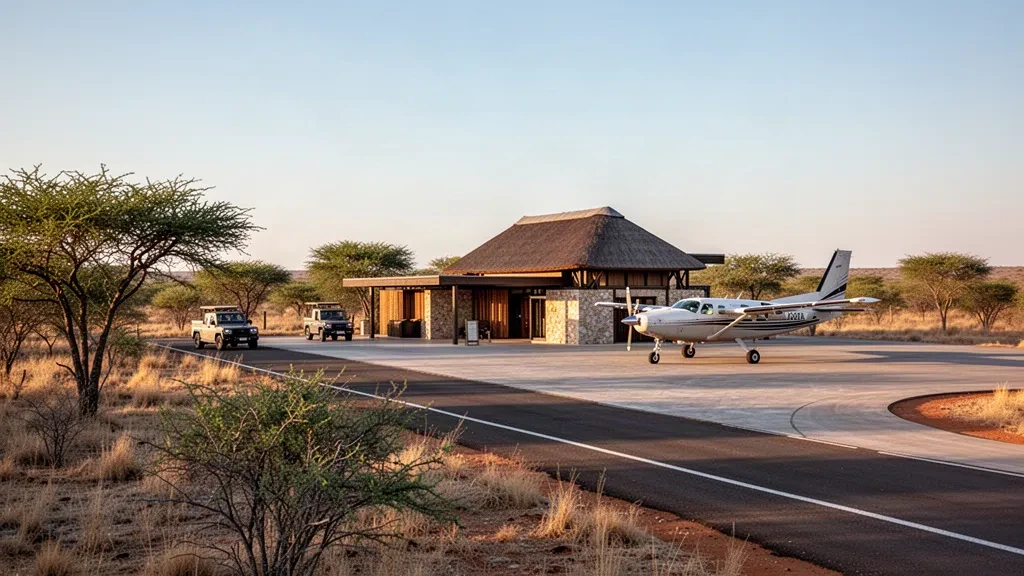 Pequeña aeronave y terminal de safari con techo de paja en la pista del Aeropuerto de Mokuti Lodge, Etosha, Namibia, con luz cálida de la hora dorada