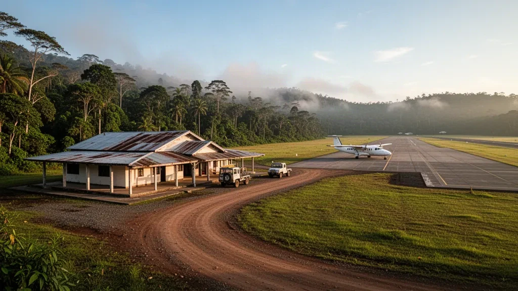 Pequeña pista de aterrizaje tropical y terminal en el Aeropuerto de Okao en Papúa Nueva Guinea, rodeada de densa selva tropical bajo una cálida luz de finales de la tarde.