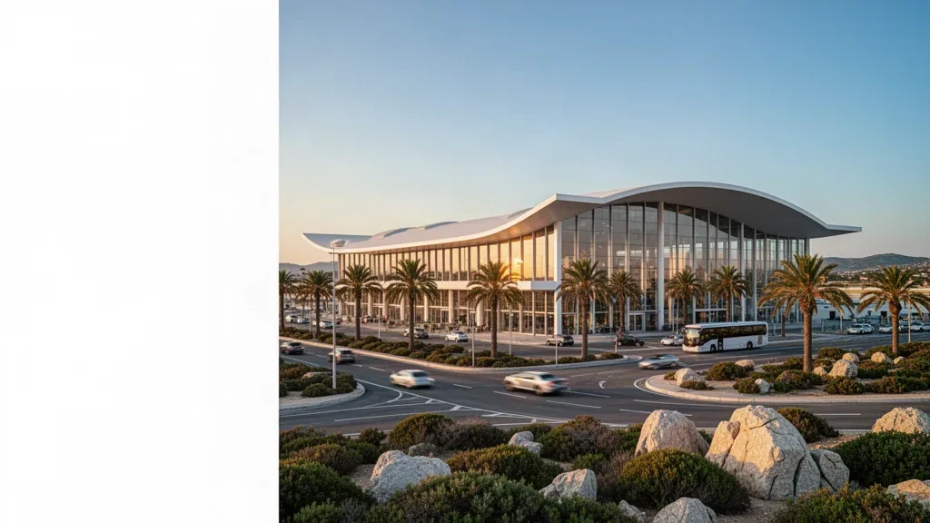 Modern glass terminal exterior at Olbia Costa Smeralda Airport in Sardinia with palm-lined drop-off lanes at golden hour