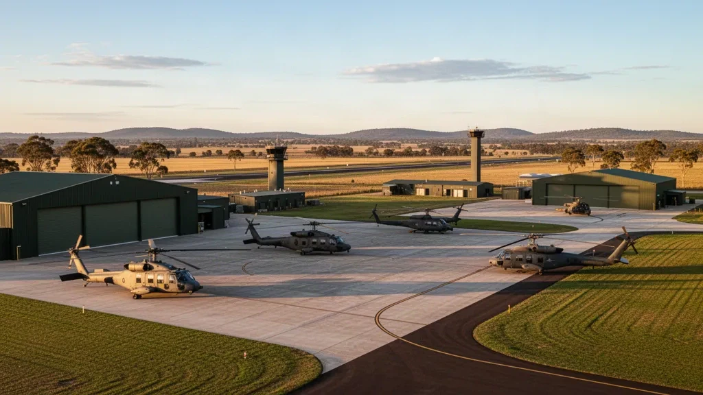 Hélicoptères militaires stationnés sur l'aire de stationnement sous les hangars du Oakey Army Aviation Centre dans le Queensland, sous la lumière chaude de fin d'après-midi
