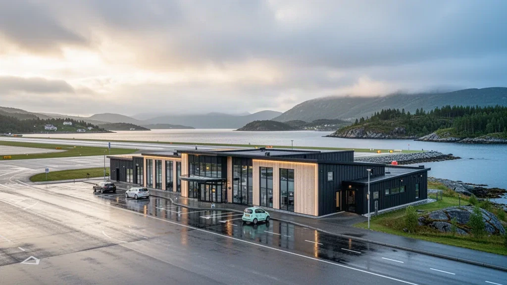 Ørland Airport terminal and runway near Brekstad on Norway's Fosen coast, with fjord water and green hills in soft northern light.