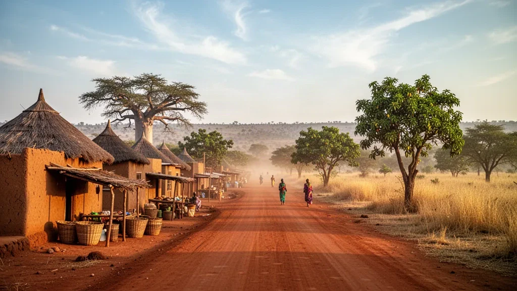 Golden-hour view of Ndélé town, thatched rooftops and dry savanna woodland in Bamingui-Bangoran, Central African Republic
