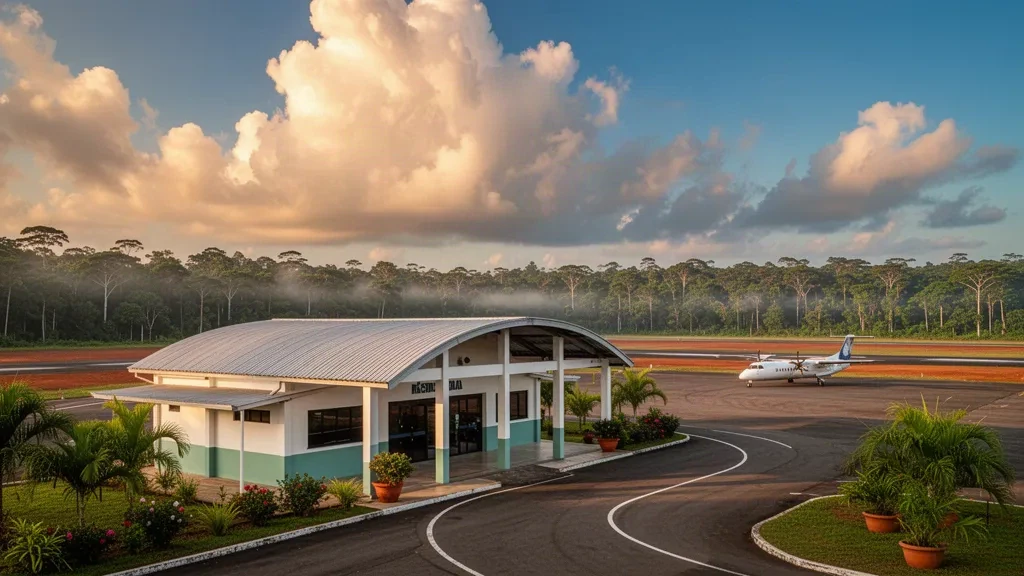 Low terminal and rainforest-lined runway at Senadora Eunice Michiles Airport in Sao Gabriel da Cachoeira, Amazonas at golden hour.