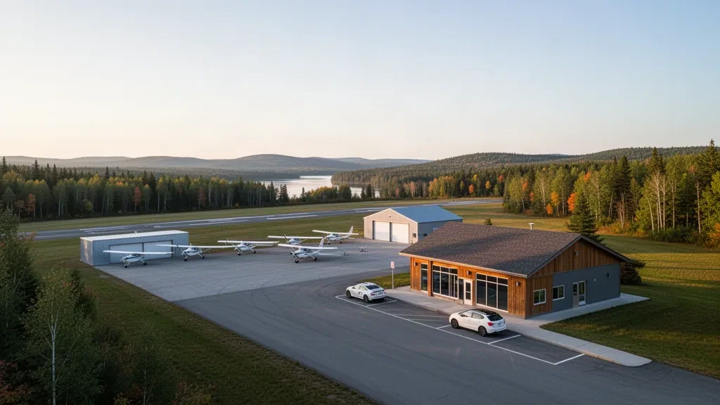 Terminal, hangares y aviones ligeros en la plataforma del Dewitt Field, Old Town Municipal Airport en Maine, rodeado de bosque de pinos al amanecer.