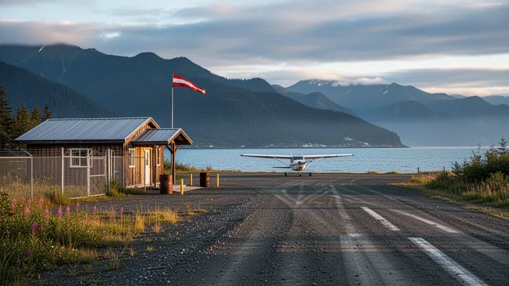 Gravel runway and small terminal building at Old Harbor Airport on Kodiak Island, Alaska, framed by coastal mountains and ocean at golden hour
