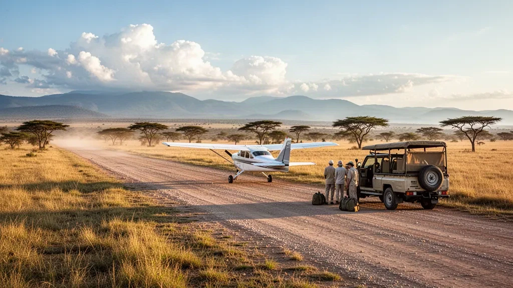 Small safari aircraft parked on the dirt runway at Olare Orok Airfield in Kenya's Maasai Mara at golden hour, with acacia trees and open savannah