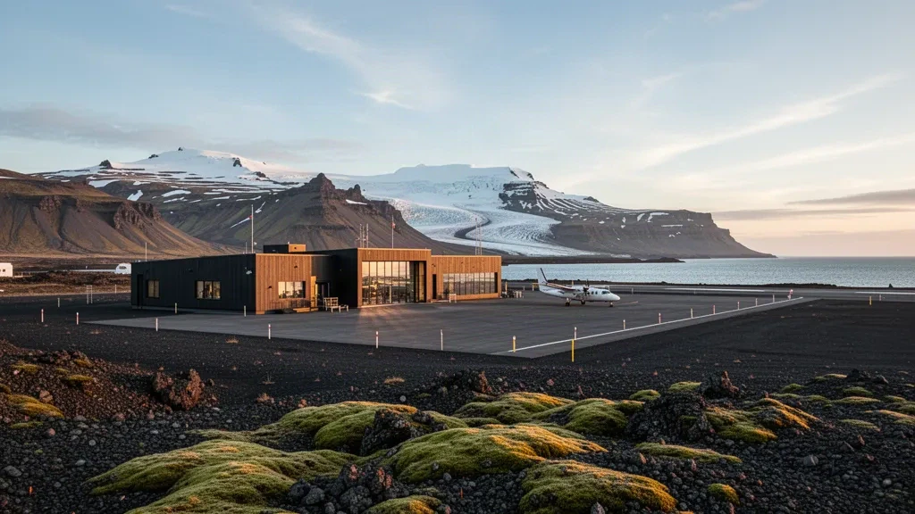 Low modern terminal and runway at Rif Airport in Iceland, framed by volcanic hills and the North Atlantic coastline