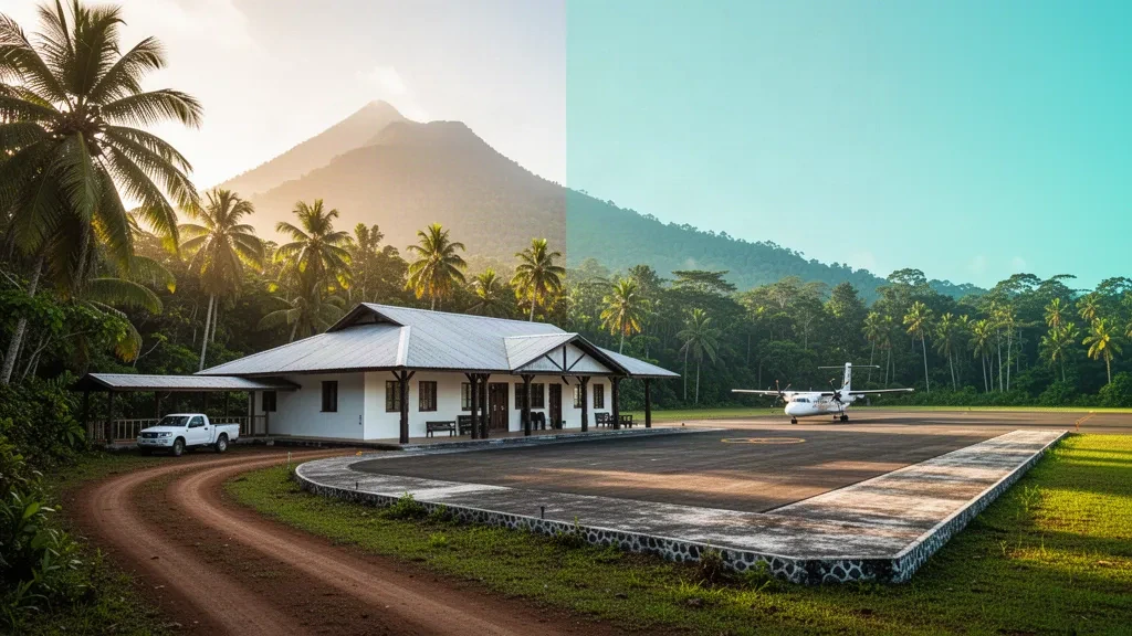Tropisches Inselterminal und palmengesäumtes Vorfeld am North West Santo Airport in Vanuatu im warmen Licht des späten Nachmittags
