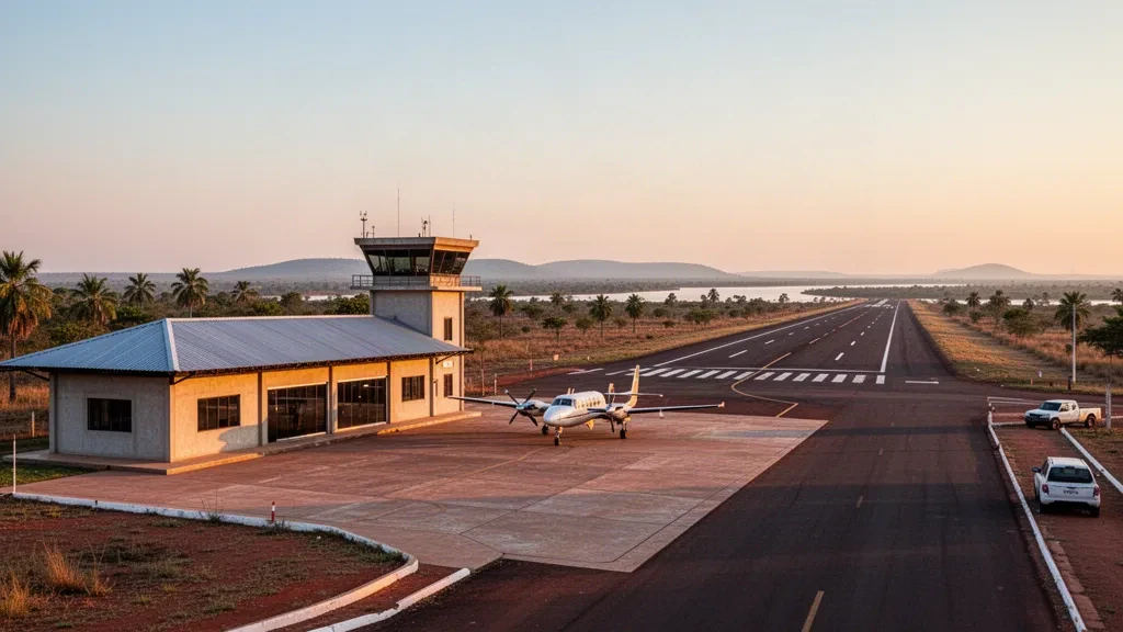 Pequeño aeródromo regional en Fuerte Olimpo, Paraguay, que muestra su modesta terminal, la plataforma y la pista a la hora dorada