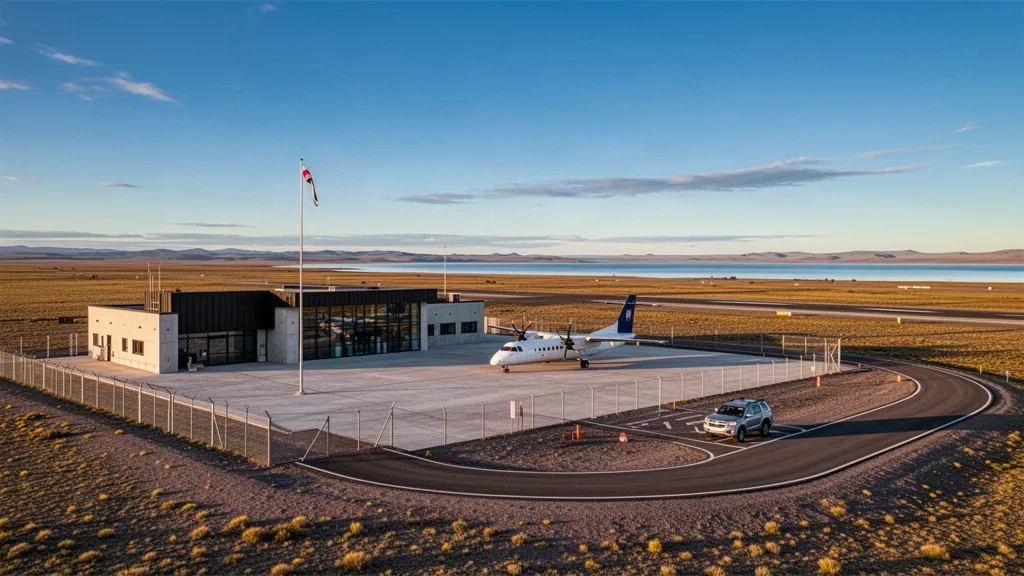 Low modern terminal building, apron and windsock at Lago Musters Airport near Sarmiento, Patagonia, under late golden light.
